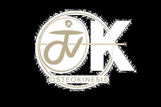 OsteoKinesis logo featuring a circular emblem with stylized OK monogram in tan and white lettering